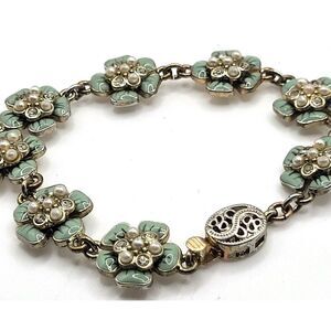 Floral Enamel Pearl Tennis Bracelet Box Clasp 7.3in